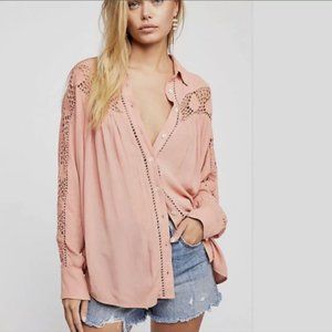 Free People Baby Pink Katie Bird Button Down Lace Blouse Shirt L